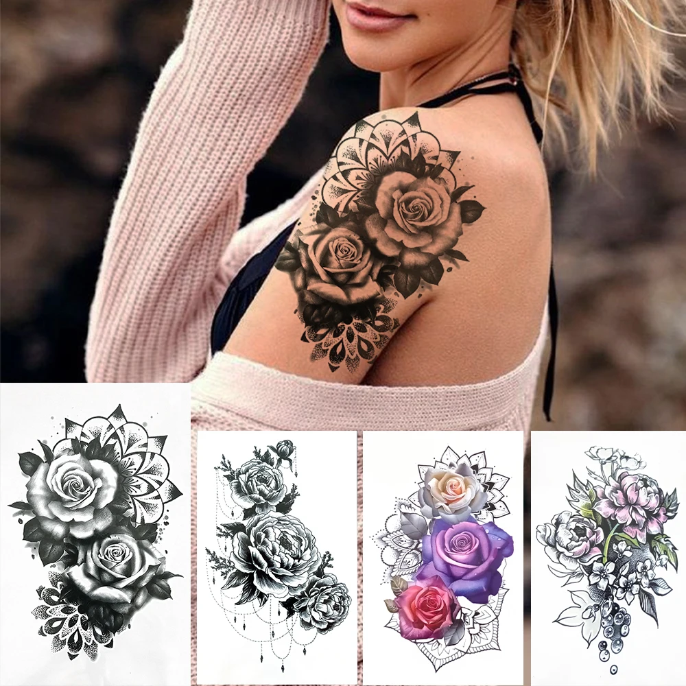 

Black Rose Temporary Tattoos Sticker For Women Female Sexy Fake Body Art Decoration Tattoo Realistic Cluster Armband Tatoo Paste