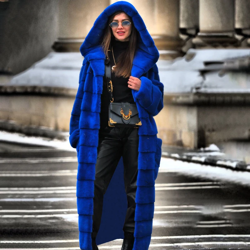 

Women Faux Fur Coat Long Sleeve Hooded Furry Thick Warm Long Faux Rabbit Fur Jacket Winter Coat Women Overcoat Plus Size 5XL