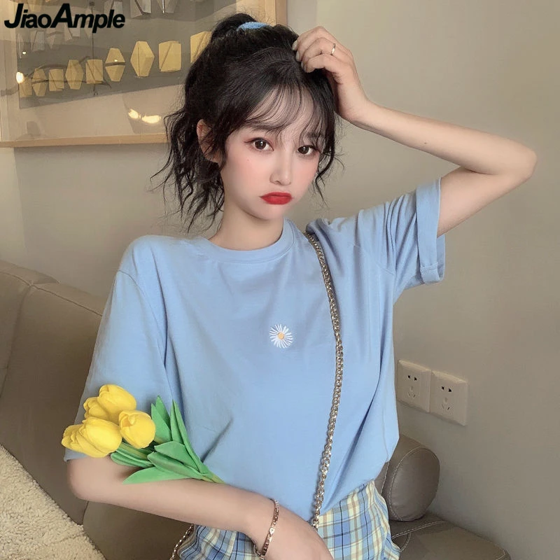 Футболка с маргариткой Женская Ins модная простая Свободная кофта для студенток и