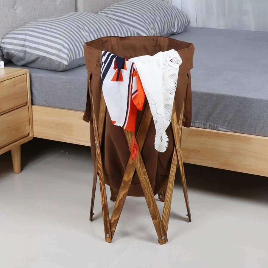 Foldable Laundry Hamper Basket with Wooden Frame Dirty Clothes Bag for Home Use