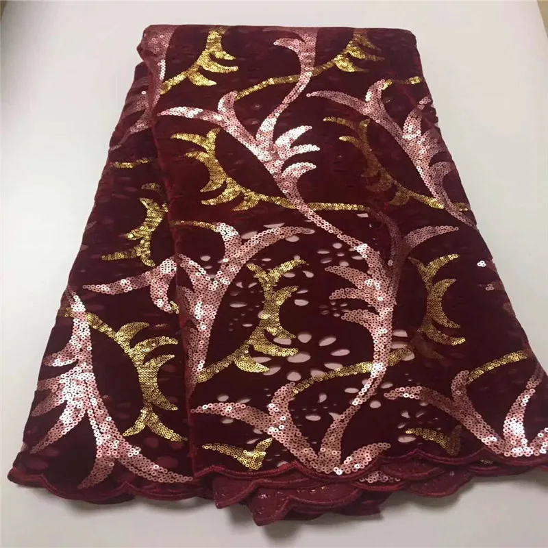 African Lace Wedding Dress Pink 5Yards French Mesh Fabric 2019 Wine gold High Quality Velvet Net With Sequins | Дом и сад