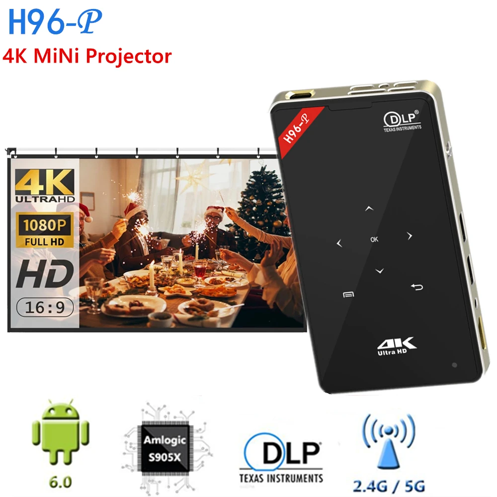 

Проектор Android карманный Pico проектор H96 dlp мини-проектор Android 6 Amlogic S905 4K 2,4G 5,8G Wi-Fi BT4.0 домашний кинотеатр
