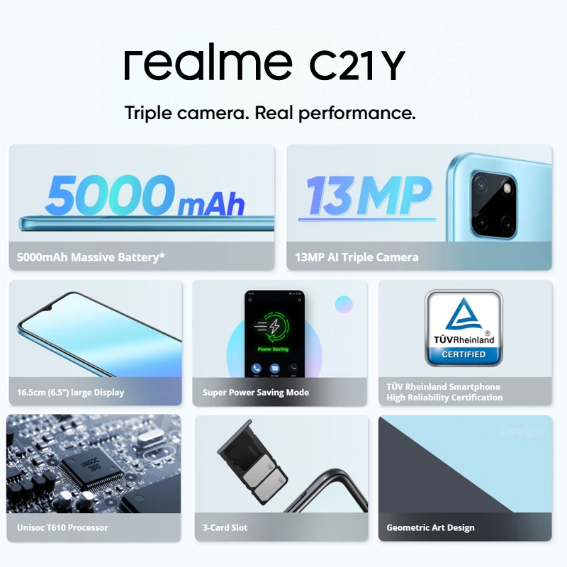 Смартфон Realme C21Y 3 + 32 ГБ 6 5 дюйма 13 МП 5000 мА ч | Мобильные телефоны и аксессуары