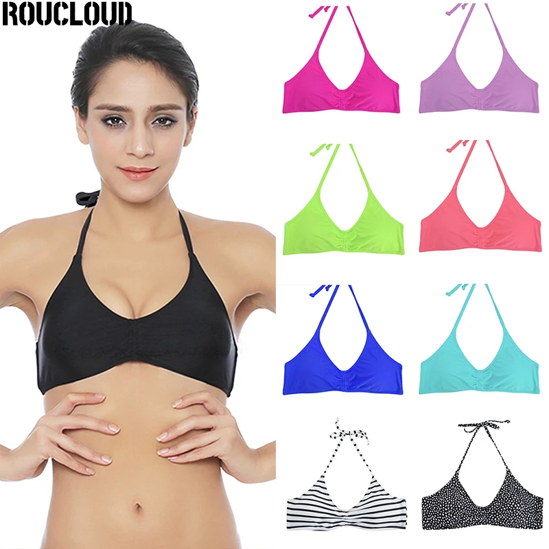 Женский топ бикини с эффектом пуш-ап однотонный купальник лямкой на шее Пляжная