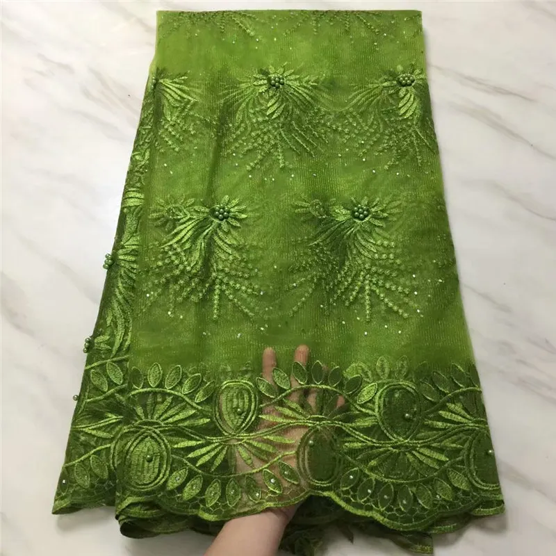 

Green african lace fabric 2020 high quality lace with beads latest french tulle lace fabric nigerian lace fabrics for wedding