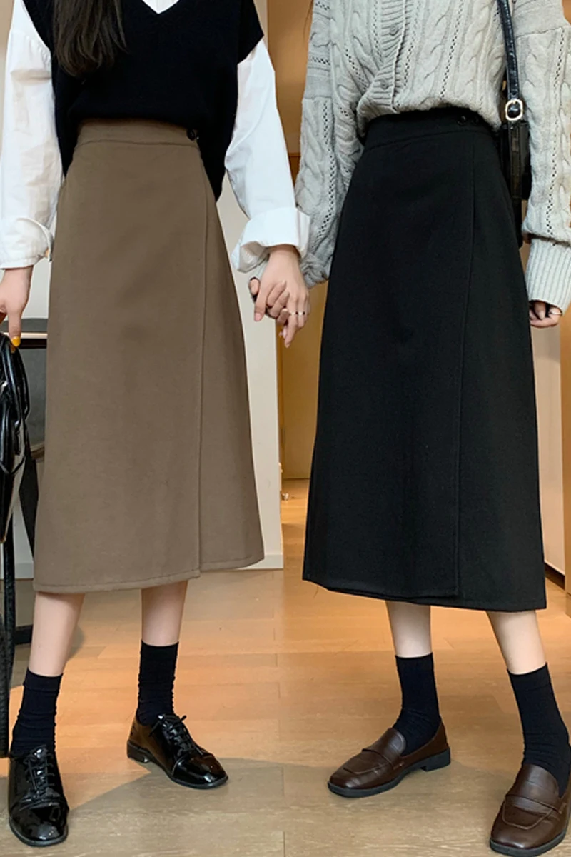 

Spring 2021 new high waist girlfriend skirt French woolen mid-length A-line skirt long skirts for women