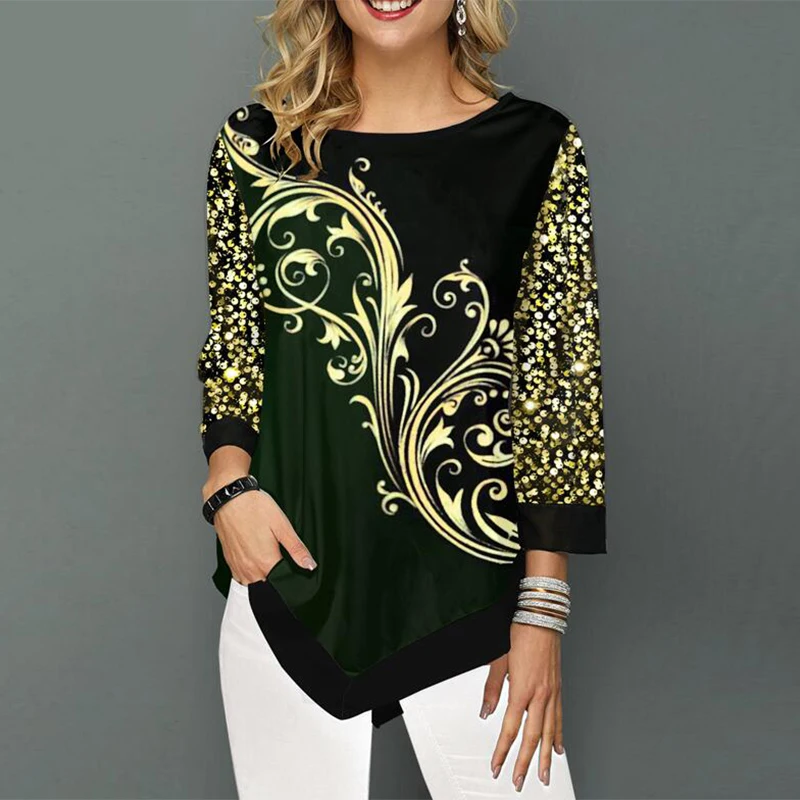 

Women Blouse Shirt Patchwork Tops Long Sleeve O-Neck Elegant Female Print Shirts Casual Loose Shirt Plus Size 5XL
