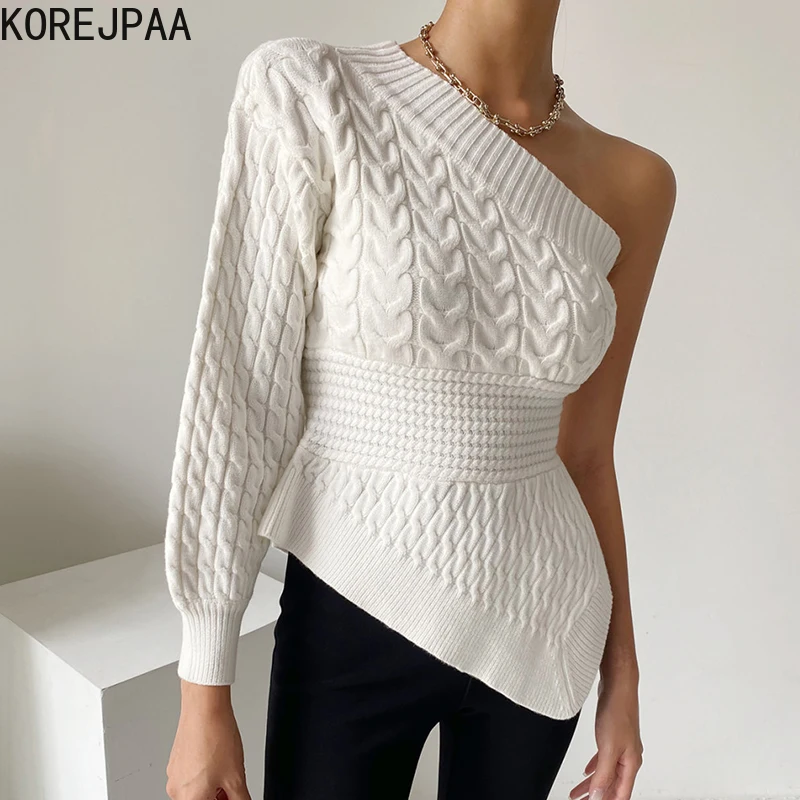 

Korejpaa Irregular Oblique Collar Sweater Women Half Sleeve Off Shoulder Solid Slim Waist Knitted Pullover Knitwear Elegant