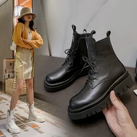classic design women winter ankle boots cross tied genuine leather platform chunky heels pumps party working shoes woman