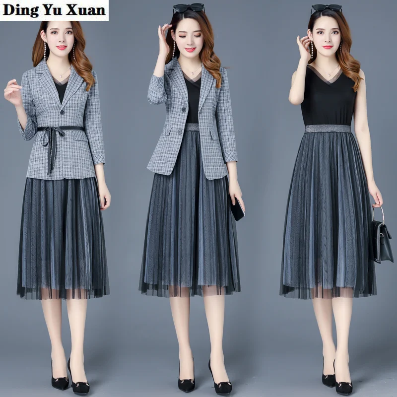 

2021 Spring Summer Blazer Dress Suits Women 2 Piece Set Elegant Plaid Jacket and Knee Length Long Mesh Dresses Women Casual Work