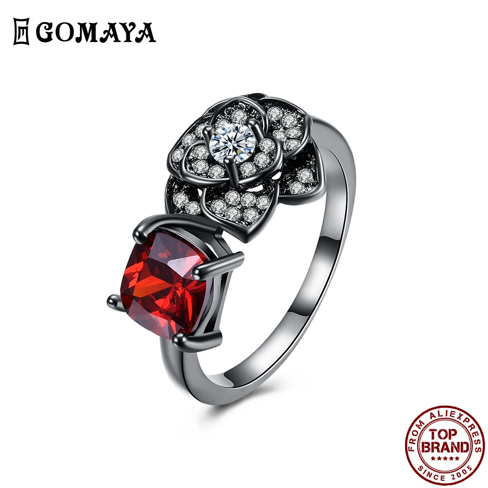 

GOMAYA Red Zircon And Flower Shape Zirconia Double Mosaic Women Rings Personality Creativity Ring Luxurious Romantic Jewelry