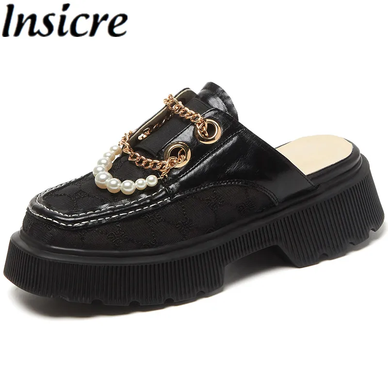 

Insicre Mules Black 2021 Fashion Summer Women Pumps Cow Leather Round Toe Bead Slipper Chain Platform Casual Shoes High Heels