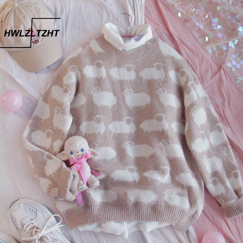 

HWLZLTZHT Autumn Knit Sweater Women Japanese Vintage Small Fresh Lazy V-Neck Long Sleeve Sweater Coat Girls Cute Lamb Print Top