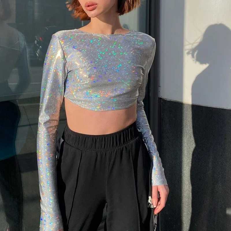 

2021 Laser Long Sleeve Crop Top Women Backless O Neck Autumn Summer Casual Basic Vintage Fashion Sexy T Shirts Y2k Shirt Egirl