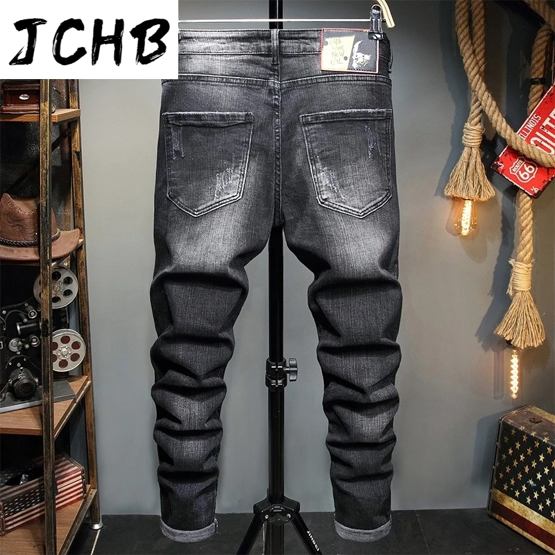 

Fall/Winter Skull PP Slim-fit Men's Casual Gray Rhinestone Skinny Stretch Pants Elastic Plein Jeans