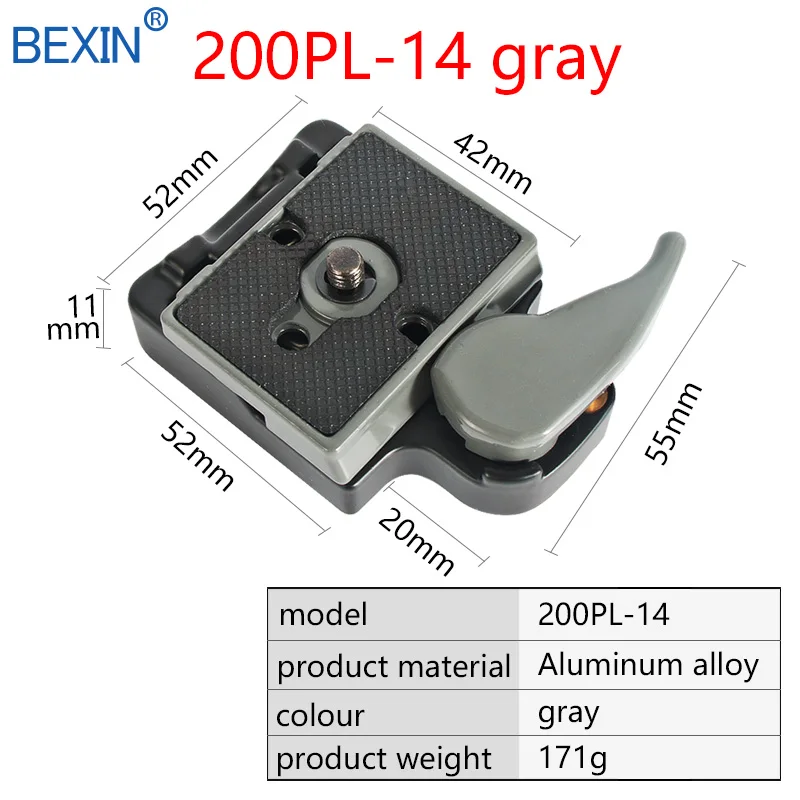 BEXIN 200PL-14 323 быстроразъемный Зажим адаптер для штатива камеры с Manfrotto 200PL-14 Compat Plate BS88 HB88 стабилизатор пластины - Цвет: Clamp set  gray