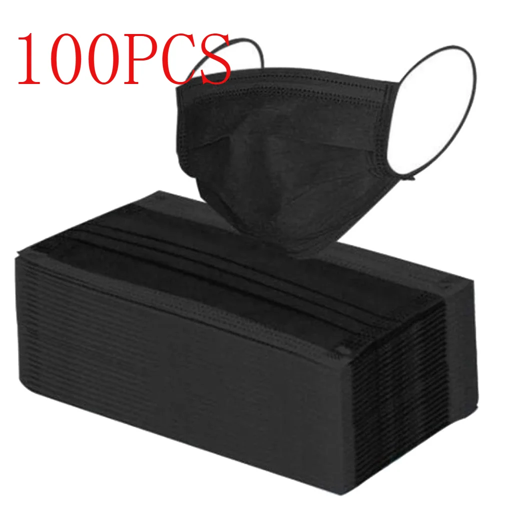В наличии 100 штук одноразовых масок для лица, черного цвета, модные, 3-х слойные, маски для рта Хэллоуин, косплей, маскара.