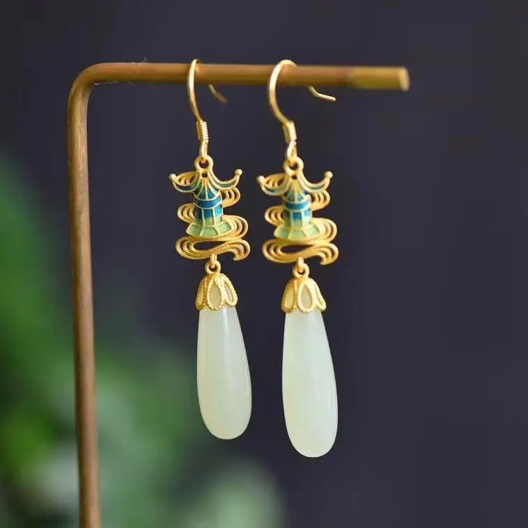 

Original new ancient gold craftsmanship natural Hetian jade drop earrings Chinese style retro charm ladies brand silver jewelry
