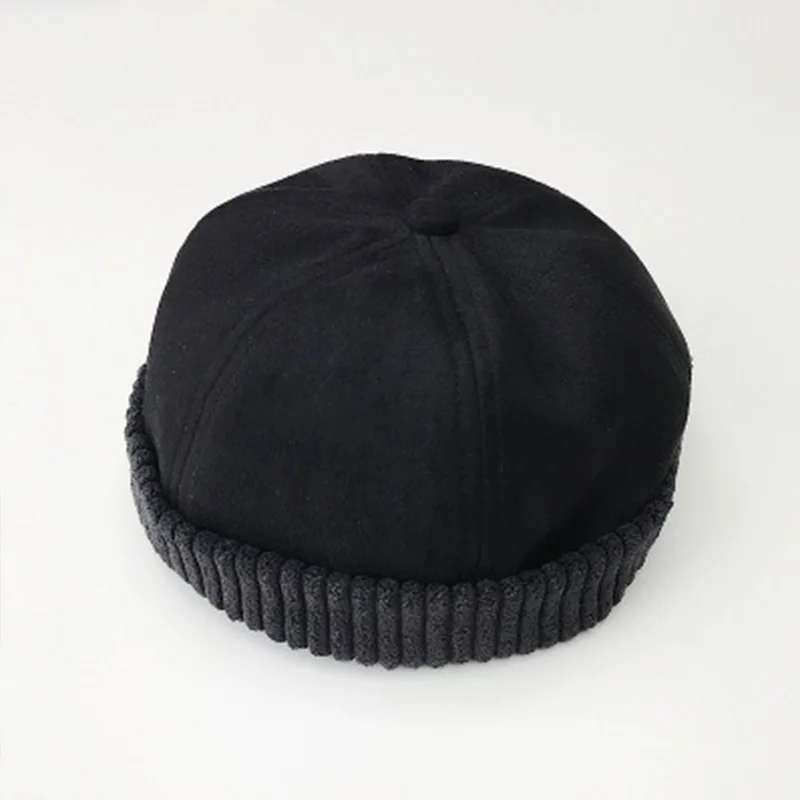 Black Зимний головной убор моряка Docker для мужчин и женщин шляпы без козырьков замша утолщенная шапка в стиле хип-хоп череп шапка сплошной цвет Осенняя шапочка-бини шляпа - Цвет: Black