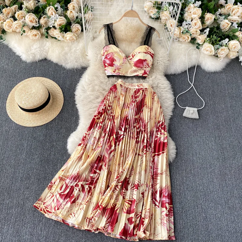 

Sexy Lace Printed Sling Two-Pieces Dresss Suit Sleeveless Short Tops High Waist Pleated Skirt For Women Summer Holiday Set