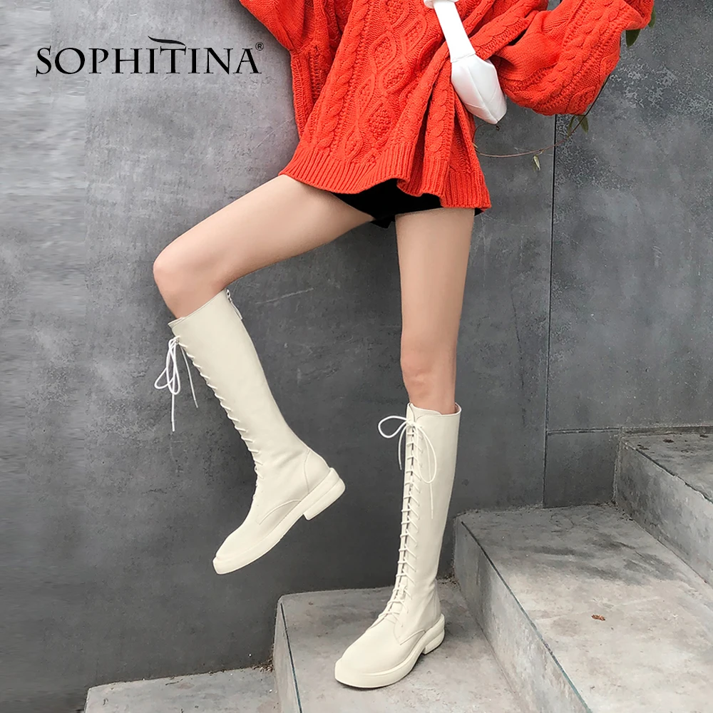 SOPHITINA/Сапоги женские. Новинки. Модные женские сапоги из натуральной кожи на квадратном каблуке и толстой подошве. Базовая однотонная обувь со шнурками впереди. Стильные женские сапоги на низком каблуке. SO195