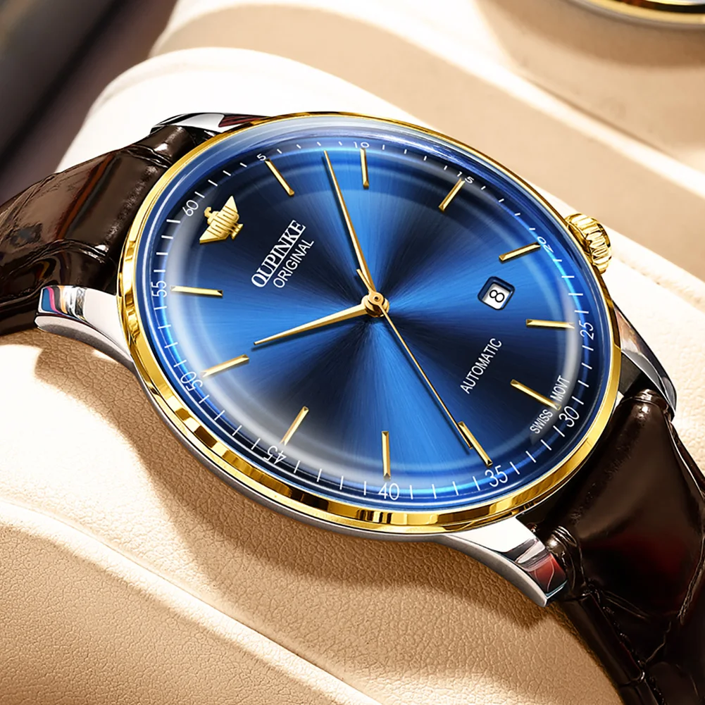 OUPINKE Swiss Movement Brand Authentic Top Ten Men's Watches Men's Automatic Mechanical Watches Thin Leather Belt 3269