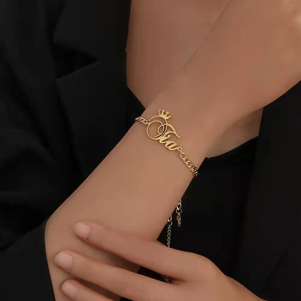 

Personalized Customized Stainless Steel Name Bracelets for Women Custom Nameplate Crown Jewelry Birthday Gift