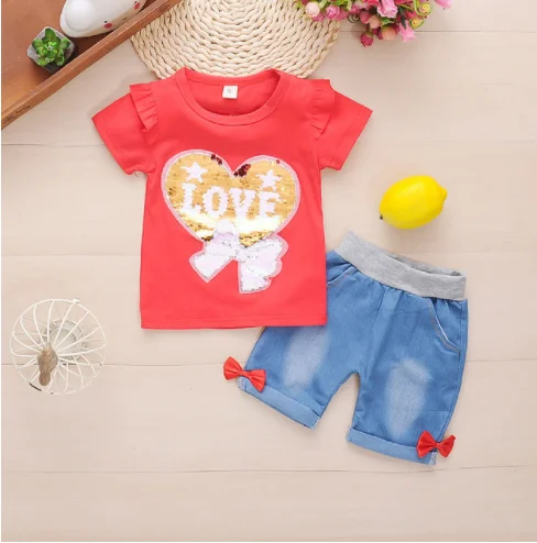 Комплекты летней одежды для девочек модные топы малышей + шорты спортивные