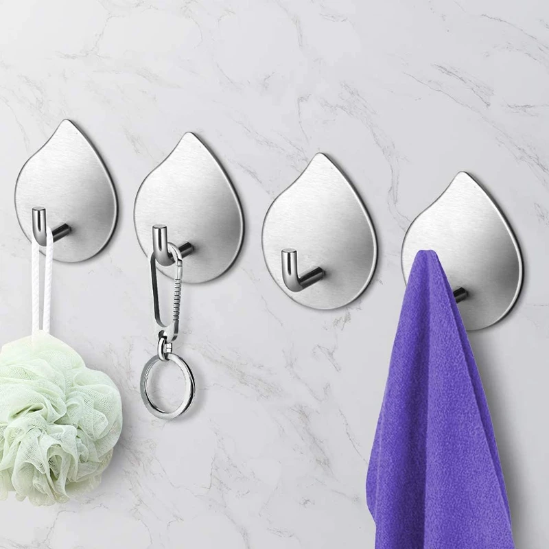 

NHBR Kitchen Adhesive Hooks Towel Hooks Heavy Duty Stainless Steel Waterproof Hook for Bathroom Coat Key Hook on Wall 4 Pack