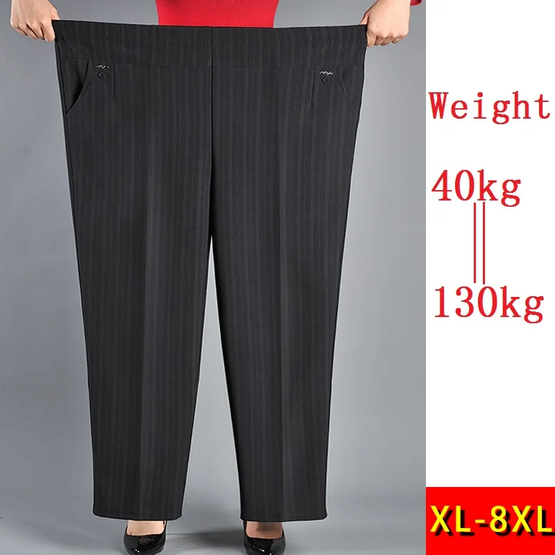 

8XL Extra Large Straight-leg Pants Women Spring Autumn High Waist Elasticity Pants Trousers Middle-age Women Summer Stripe Pants