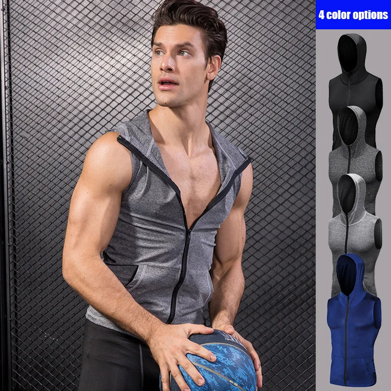 

New Men Tight-fitting Sleeveless Vest Sports Running Training Fitness Clothing Zipper Hooded Quick-drying Vest XD88