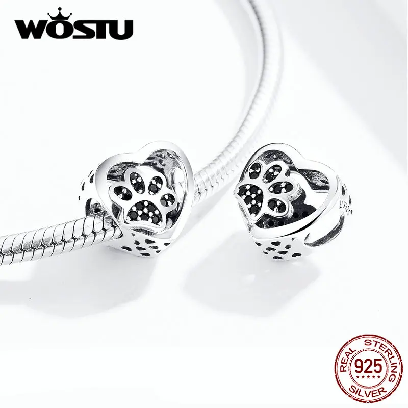 WOSTU 925 пробы серебро сердце лапа собаки бусины черная эмаль Циркон Шарм Подходит браслет DIY ювелирных изделий BKC1191-BK
