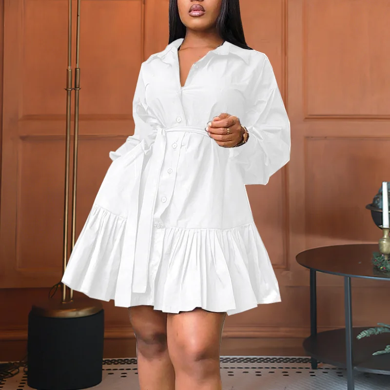 

Women White Shirt Dresses Mini Button Up with Waist Belt Long Sleeve Autumn Summer Elegant Work Wear Robes Female African 2021