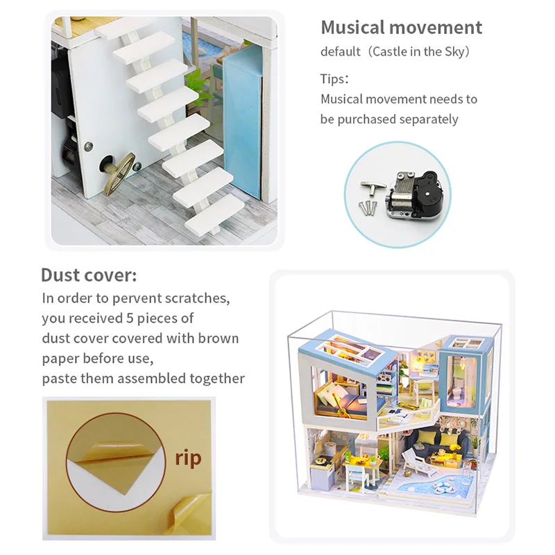 

Miniature Super Mini Size Doll House Building Model Kits Wooden Furniture Toys DIY Dollhouse Blue and White Villa Toys for Kids