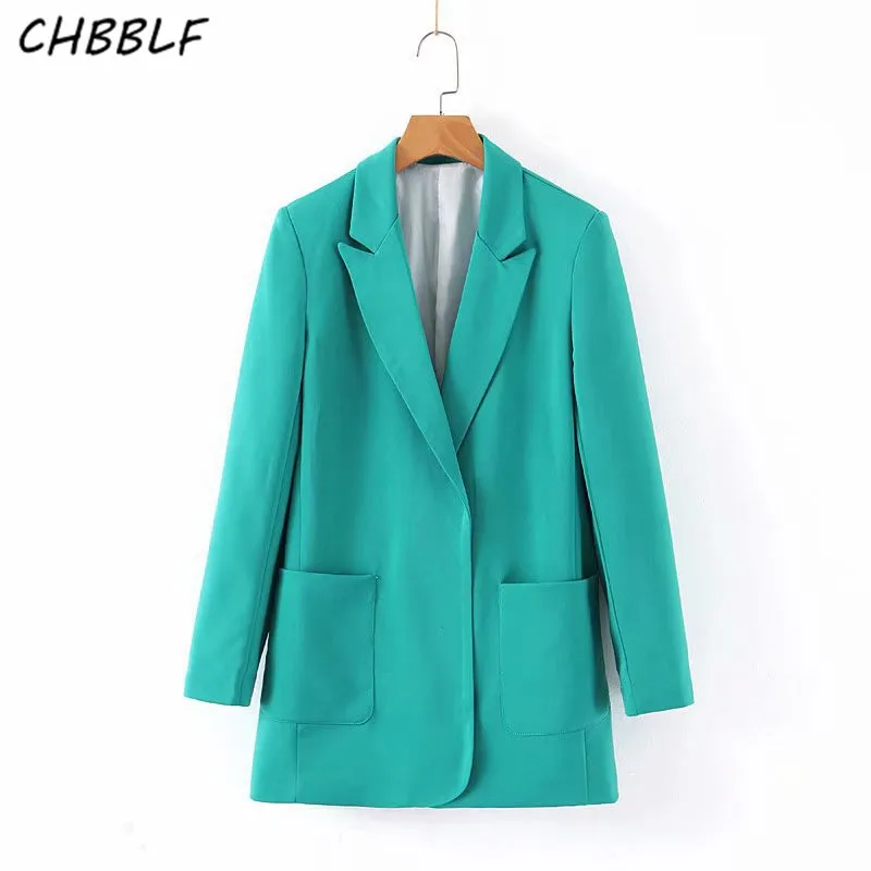 CHBBLF women basic solid blazer notched collar long sleeve pockets jacket female stylish outwear tops XDL2240