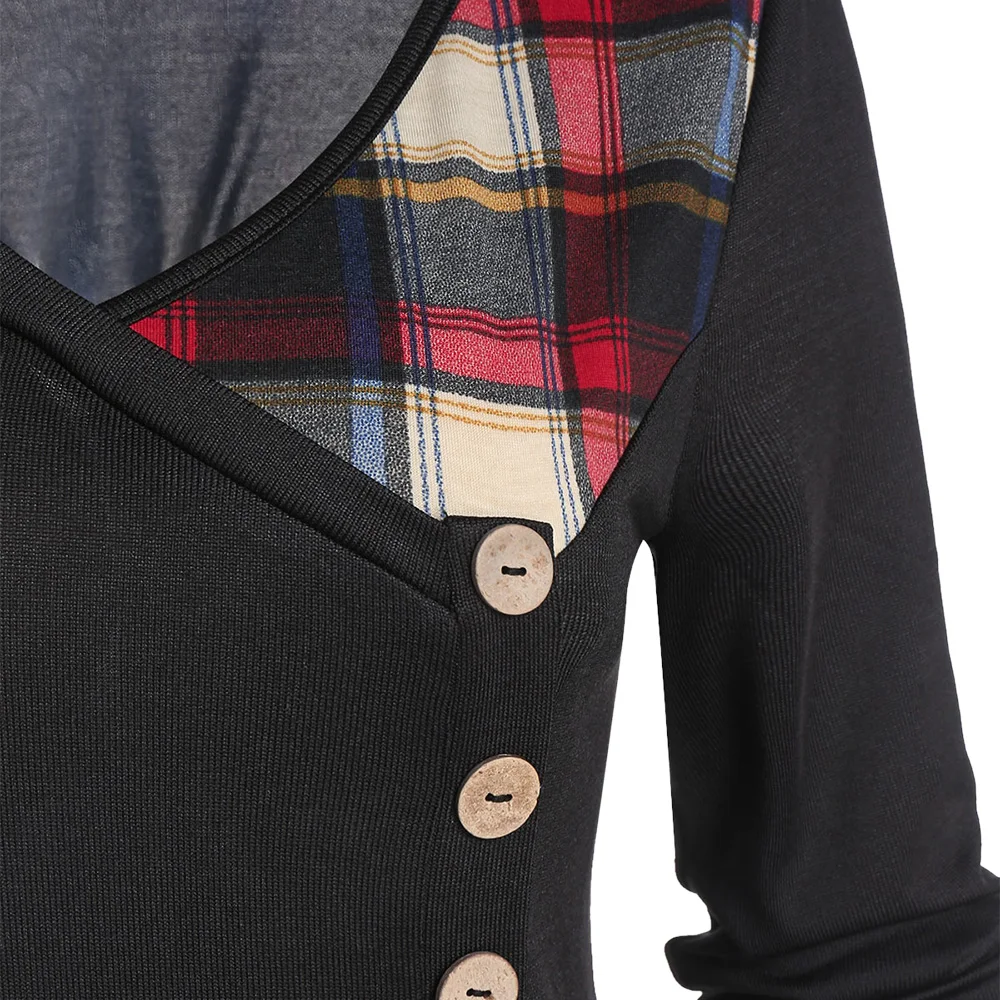 Женская клетчатая футболка DRESSFO многослойная с v-образным вырезом длинным