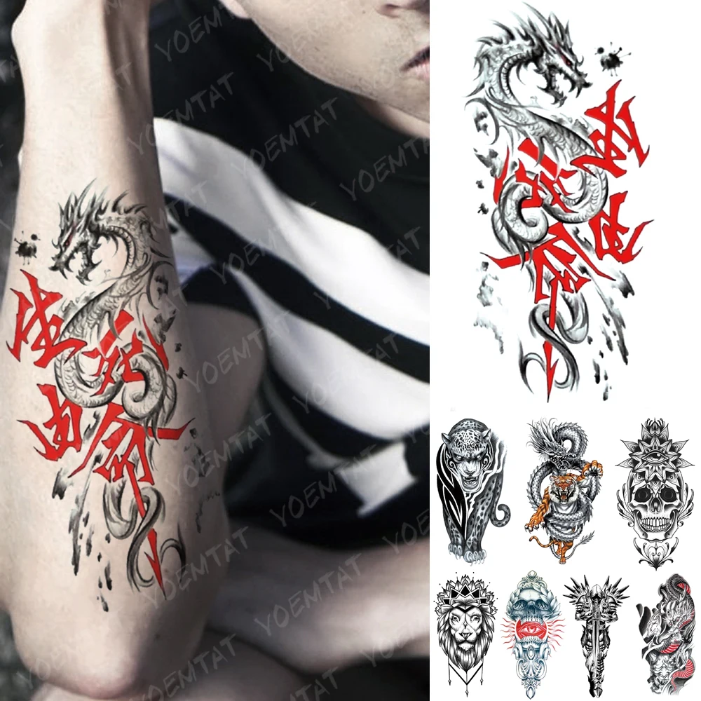 

Waterproof Temporary Tattoo Sticker Life And Death Dragon Tattoos Chinese Tiger Lion Body Art Arm Fake Sleeve Tatoo Women Men