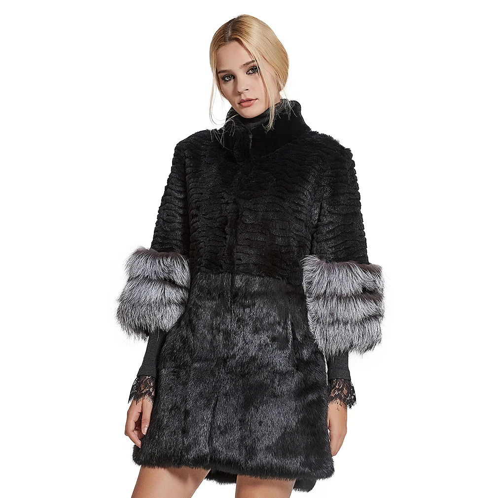

Women's Coats Real Fur Coat Women Rabbit Fur Women Jacket with Fox Fur Cuff Winter jacket Women Overcoat Fur Story FS17160