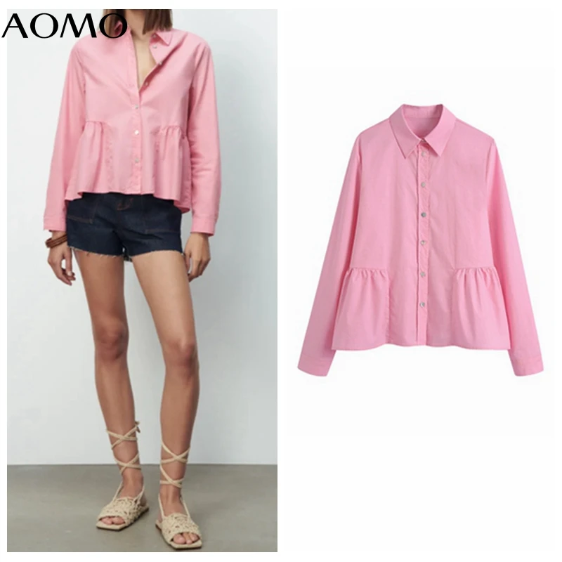 

AOMO 2021 Women Pink Ruffles Cotton Blouse Long Sleeve Chic Female Office Lady Shirt CE297A