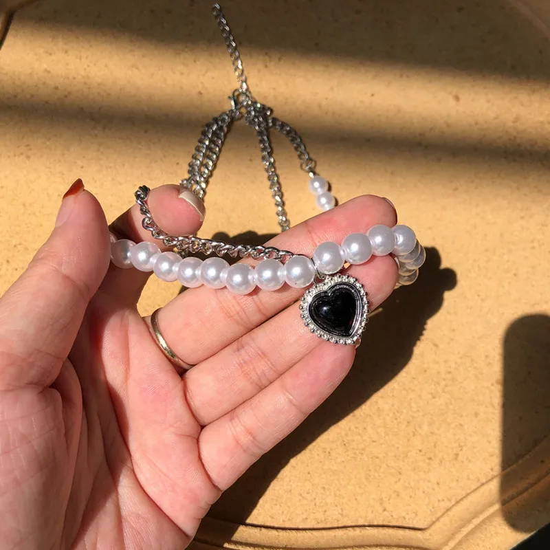 Kpop винтажное металлическое серебряное ожерелье с черной любовью Женская цепочка