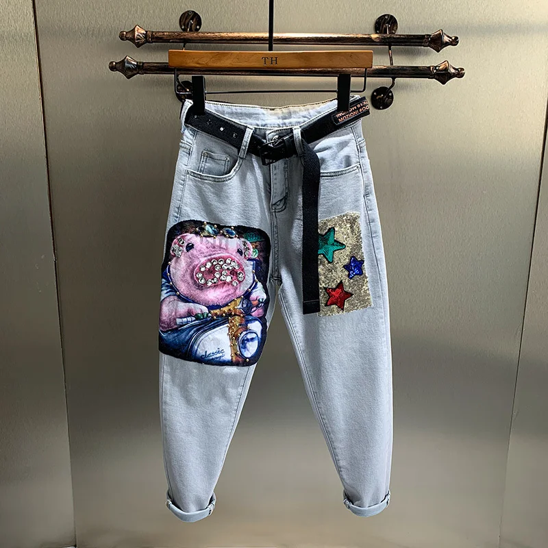 2022 Spring Summer New Curling Cartoon Printing High Waist Straight Denim Trousers All-match Casual Jeans Women Harem Pants