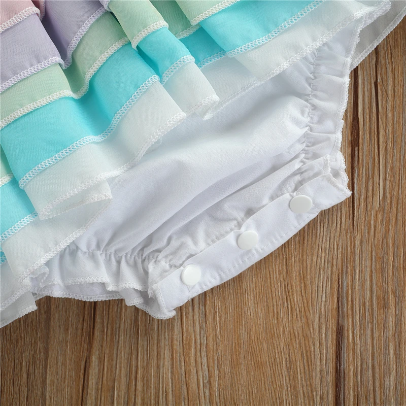 

Cute Baby Striped Bodysuits White Round Collar Short Sleeve Clothes with Multiple Layer Hem Infant Short Jumpsuit