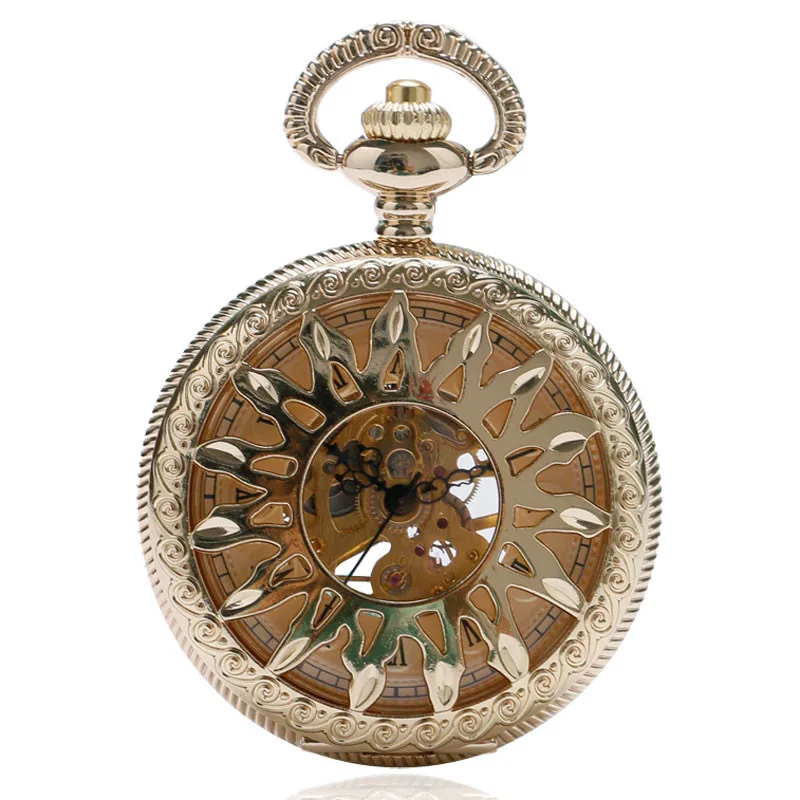 Luxury Yellow Golden Hollow Flower Sun Case Design Roman Number Dial Men Women Skeleton Manual Mechanical Pendant Pocket Watch
