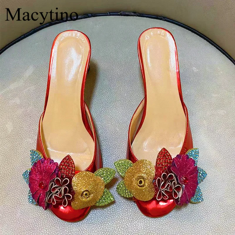 Flower decoration ladies high-heel slippers sequins rhinestone decoration glass-heel slippers fashion party slippers