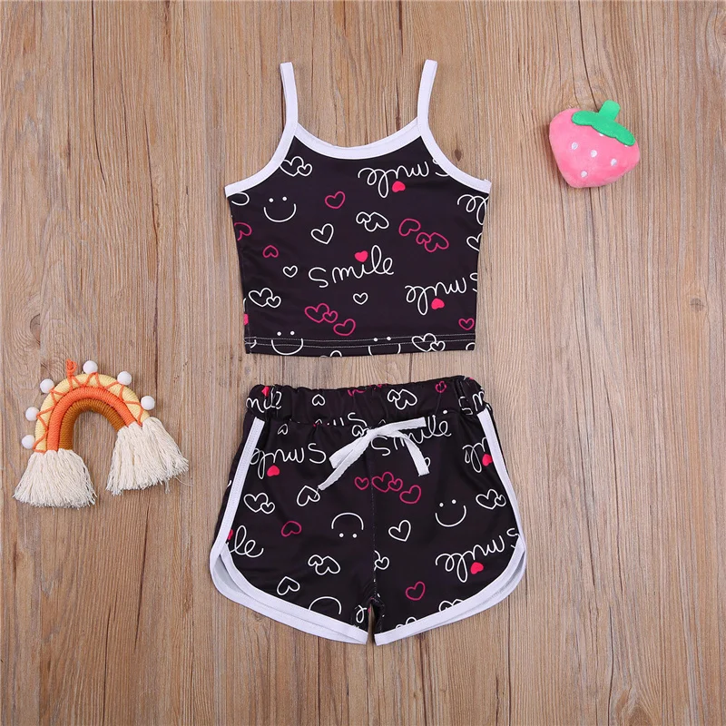 

2Pcs Little Girls Cotton Outfits,Baby Girls Sweet Letter Heart Print Sleeveless Summer Tops+ Short Pants,Black/Pink,1-6 Years