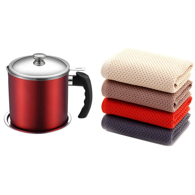 

4-Pack Cotton Weave Kitchen Dish Cloths,Cotton Dish Towels With Stainless Steel Bacon Grease Container
