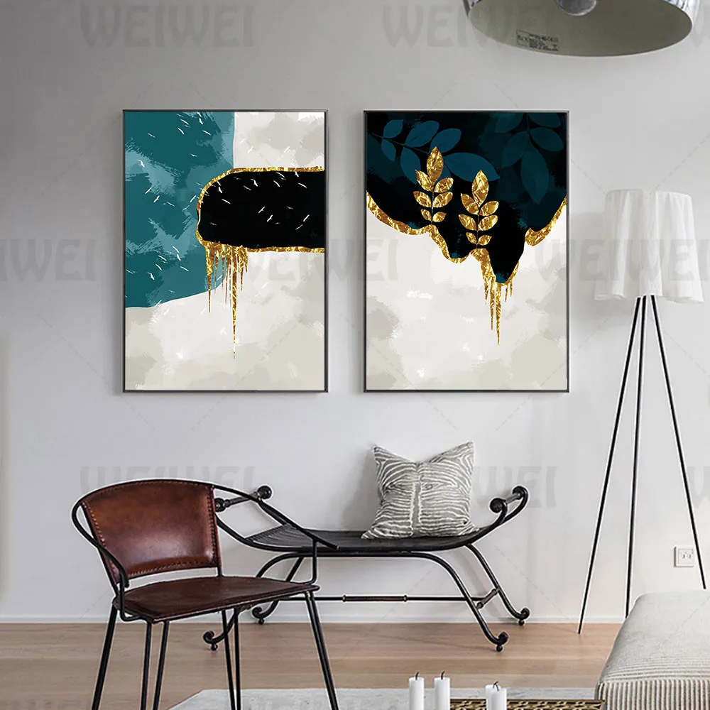 

Abstract Color Block Golden Stroke Home Decoration Painting Plant Leaf Living Room Wall Canvas Poster Bedroom Study Room Print