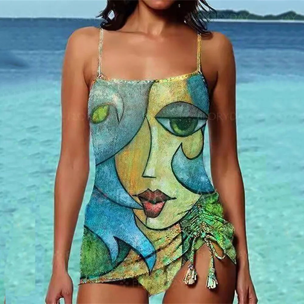 

Plus Size Two Piece Swimsuit Women Swimdress Spaghetti DrawString Swim Dress Swimwear Face Print Bathing Suit Swimming Beachwear