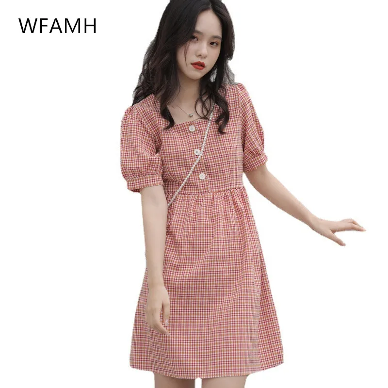 

2021 Summer New Style Square Neck Puff Sleeve Single-breasted Plaid Short Sleeve Dress A-line Female COTTON Polyester A-LINE