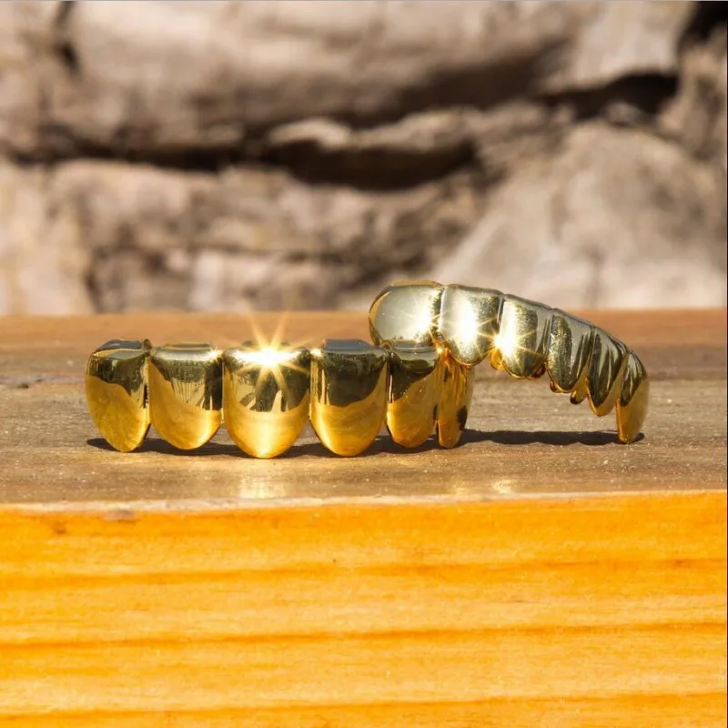 

Gold Plated Teeth Hip Hop Rapper's Bling Teeth Golden Nugget Grillz Top & Bottom Grill Set
